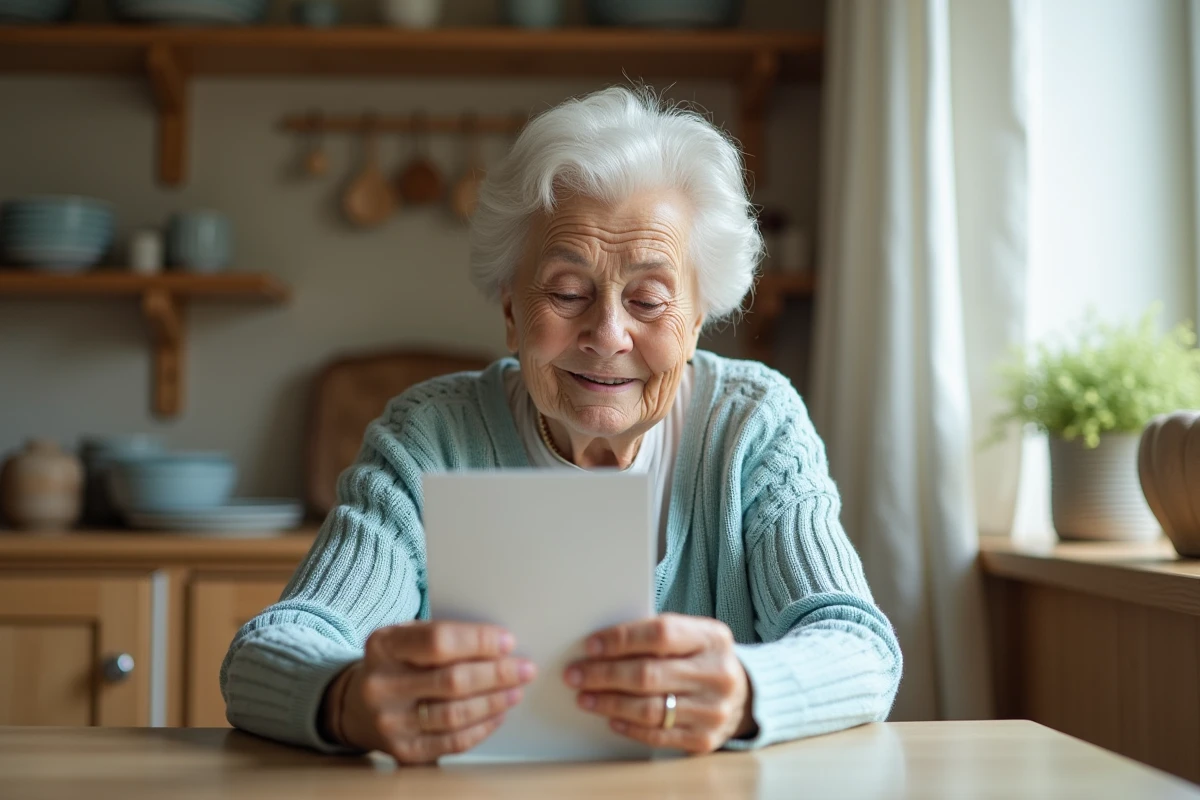 Grand-mère lisant avec émotion un message personnalisé sur une carte de baptême, ambiance familiale et chaleureuse