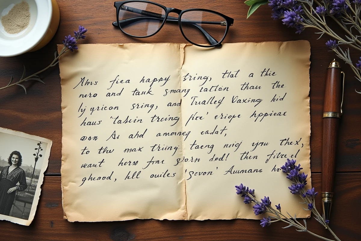Flatlay d'une lettre manuscrite en acrostiche avec prénom de parent, stylo plume et photo de famille vintage sur bureau en bois