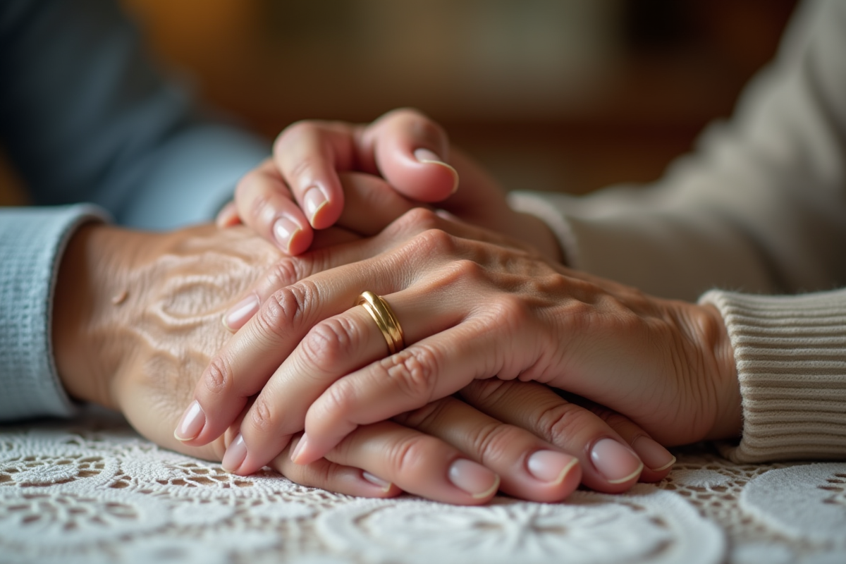 Mains entrelacees d un couple age avec bagues en gros plan