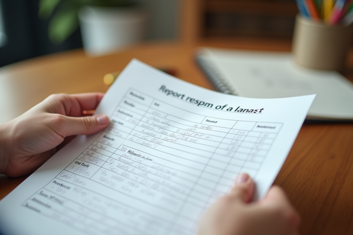 Mains tenant un rapport scolaire ouvert sur un bureau en bois
