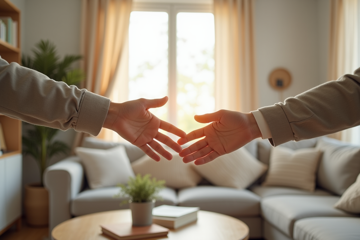 Deux mains tendues dans un salon lumineux et paisible