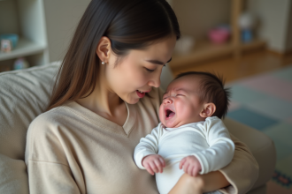 Jeune maman berçant un bébé pleurant dans un salon chaleureux