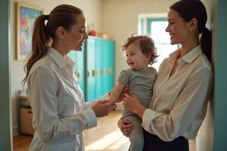 Maman souriante confie son enfant à une assistante en crèche