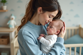 Jeune maman soutenant son bébé dans un berceau moderne