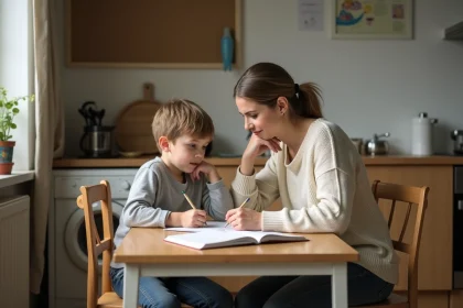 Femme et enfant partageant un moment d'étude à la maison