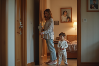 Maman fatiguée ferme la porte de la chambre de son enfant