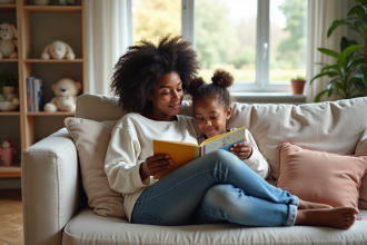 Maman lisant un livre à sa fille dans le salon cosy