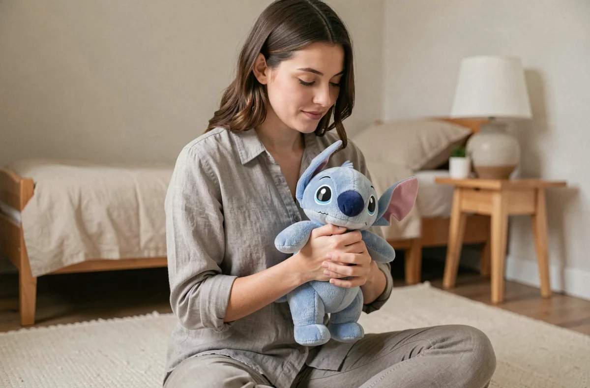 Mère tenant une peluche Stitch respirante dans une chambre apaisante, regard bienveillant et atmosphère familiale naturelle