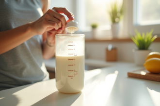 Maman préparant un biberon dans la cuisine lumineuse