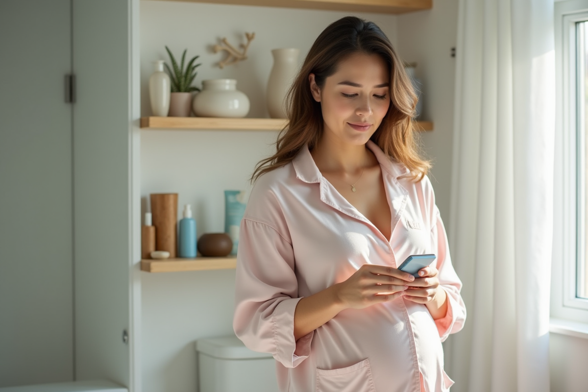 Jeune maman lit une étiquette de produit de soin dans la salle de bain