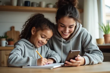 Maman solo souriante utilisant une application sur son smartphone dans sa cuisine pendant que sa fille dessine à côté d'elle