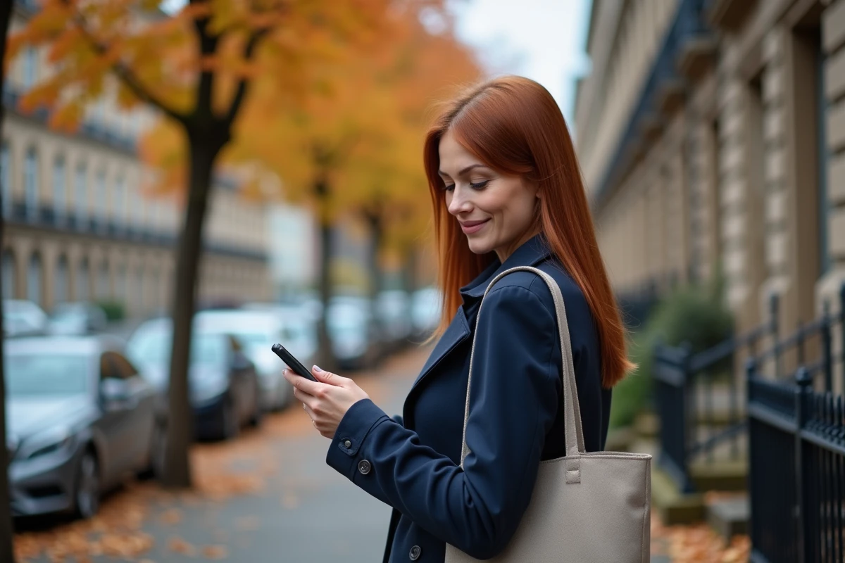 Maman solo en manteau marine consultant son téléphone dans une rue résidentielle en automne
