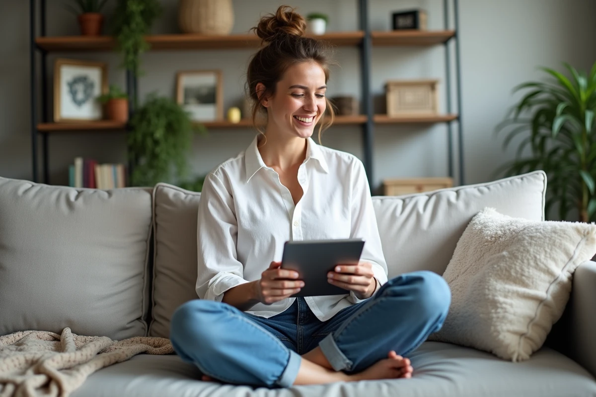 Jeune maman solo riant devant sa tablette installée confortablement dans son salon aménagé
