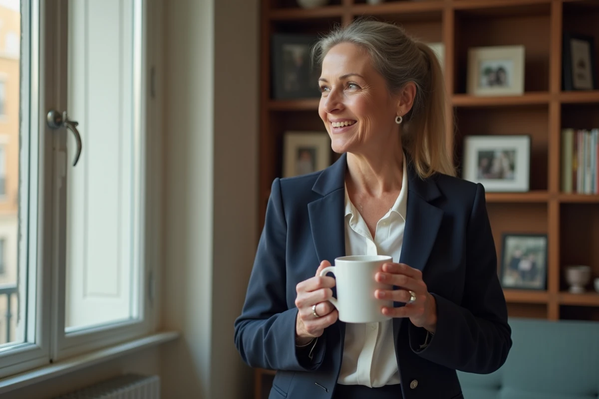 Portrait intimiste de Marylise Léon dans son appartement parisien, tenant une tasse de café avec des photos de famille en arrière-plan
