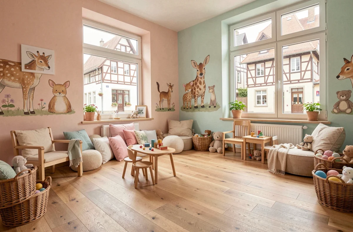 Intérieur chaleureux d'une micro-crèche dans le Grand Est avec des jouets en bois, des coussins colorés et une décoration murale d'animaux