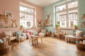 Intérieur chaleureux d'une micro-crèche dans le Grand Est avec des jouets en bois, des coussins colorés et une décoration murale d'animaux