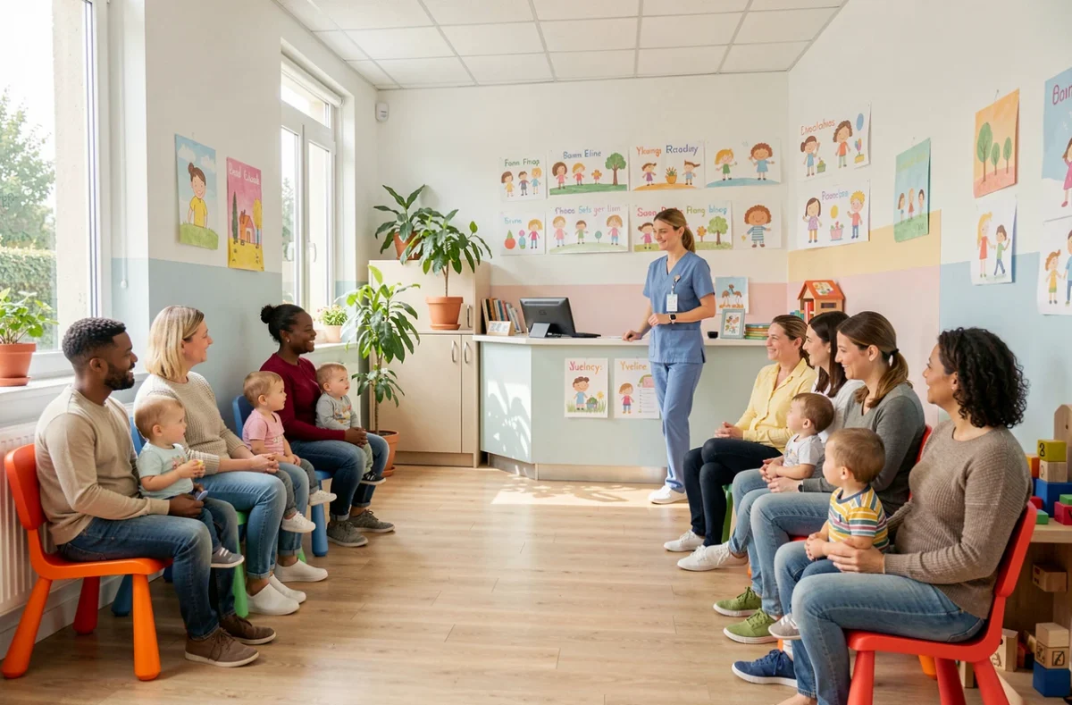 Salle d'attente chaleureuse d'une clinique pédiatrique dans les Yvelines avec des parents, enfants et une infirmière souriante