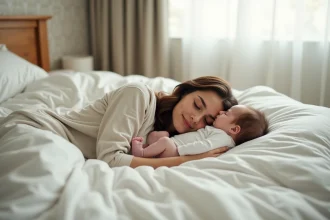 Jeune maman dormant paisiblement avec son bébé dans un lit