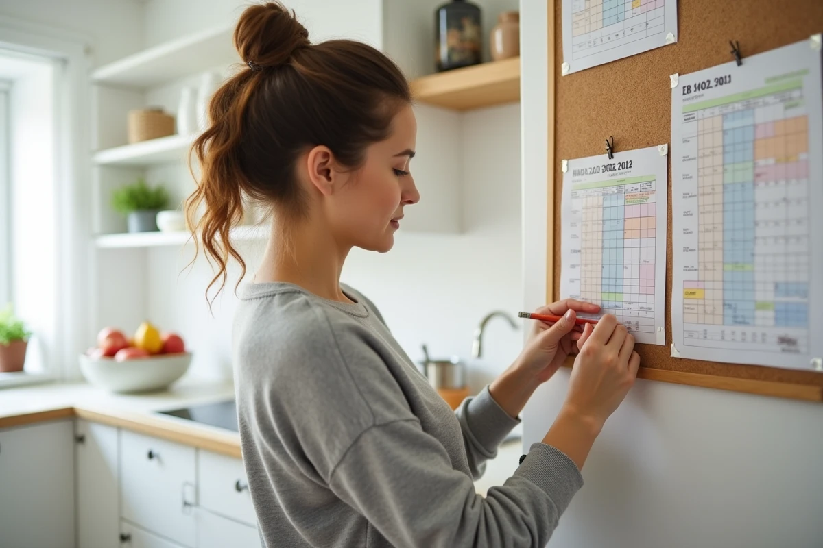 Mère écrivant les dates de vaccination zone B 2026 sur un calendrier imprimé affiché dans une cuisine familiale
