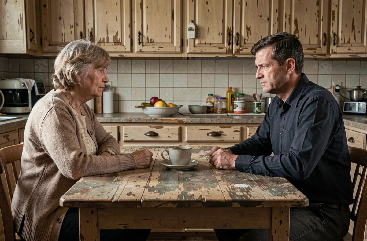 Mère et fils adulte assis à distance l'un de l'autre à une table de cuisine, regard fuyant et tension silencieuse symbolisant le conflit et le pardon difficile entre parents et enfants