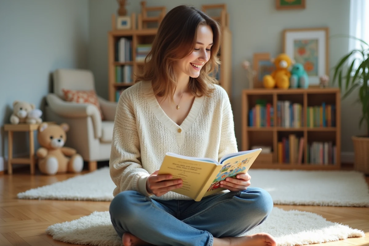 Jeune mère lisant une comptine illustrée à un livre ouvert, assise sur un parquet dans un salon cosy avec des jouets en peluche en arrière-plan