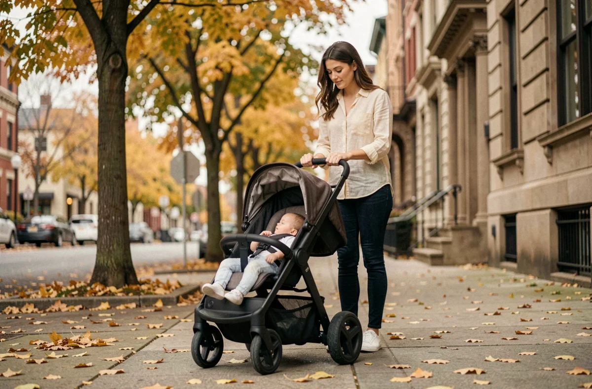 Jeune mère poussant une poussette trois en un moderne sur un trottoir urbain bordé d'arbres en automne