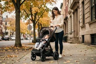 Jeune mère poussant une poussette trois en un moderne sur un trottoir urbain bordé d'arbres en automne