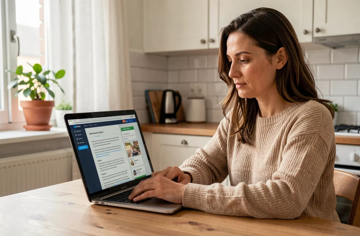 Mère séparée consultant le portail famille en ligne depuis son appartement à Cergy
