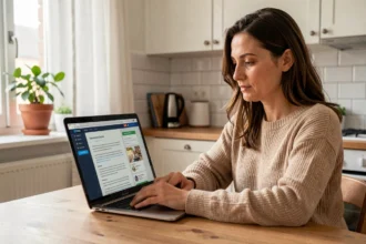 Mère séparée consultant le portail famille en ligne depuis son appartement à Cergy