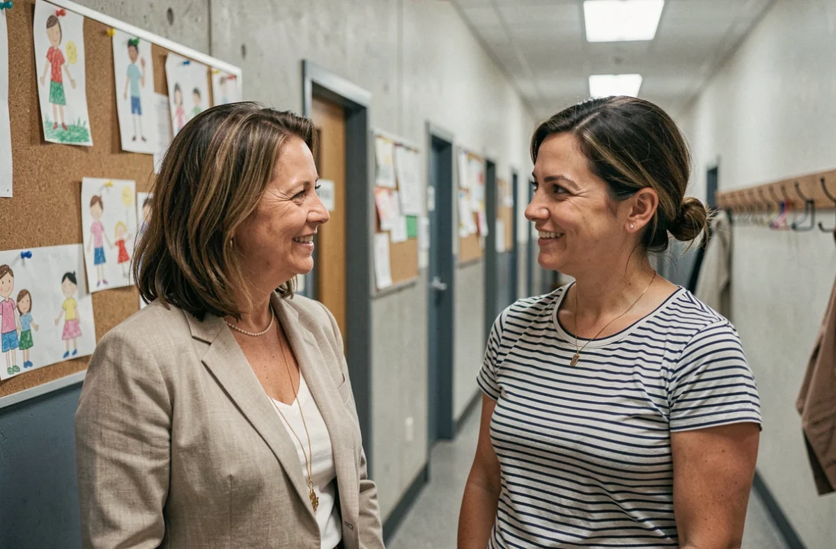 Enseignante et parent échangeant un message bienveillant en face à face dans un couloir d'école, sourires chaleureux et attitude ouverte