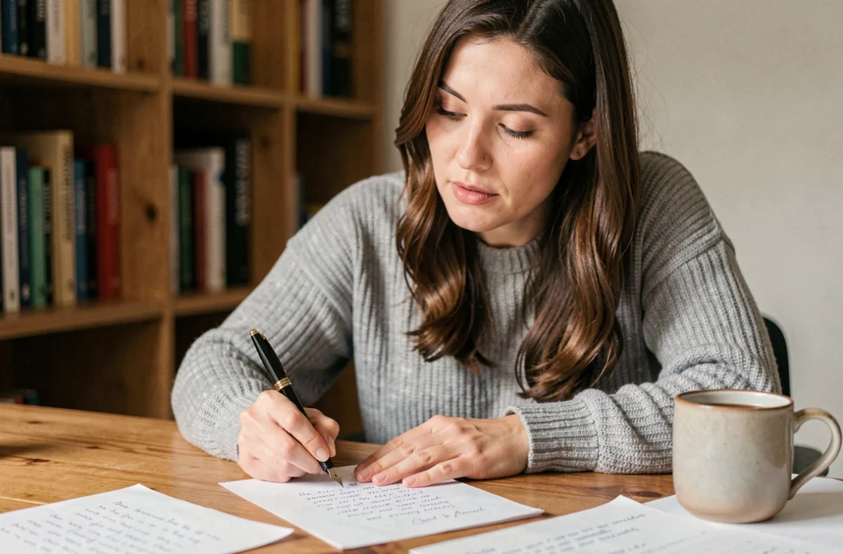 Femme écrivant un message bienveillant à la main dans un bureau chaleureux, stylo plume et feuilles de papier sur une table en bois