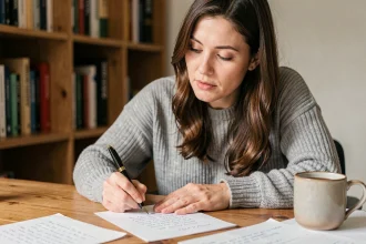 Femme écrivant un message bienveillant à la main dans un bureau chaleureux, stylo plume et feuilles de papier sur une table en bois