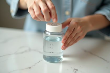 Mère mesurant 150 ml d'eau dans un biberon sur plan de travail