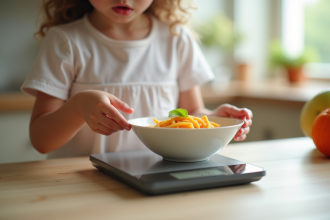 Parent mesurant nourriture pour bébé avec balance numérique