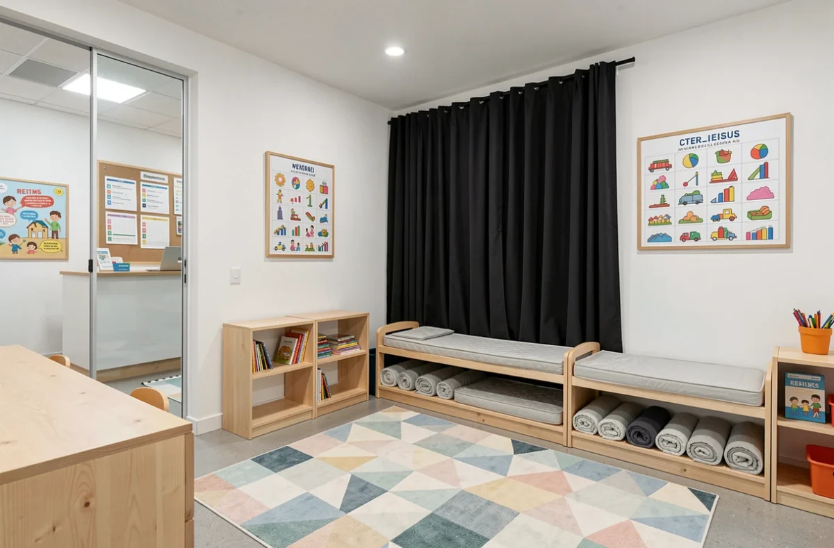 Intérieur moderne de la micro-crèche Babilou Reims Université avec un mobilier en bouleau, des tapis géométriques et un coin calme avec des nattes de sieste