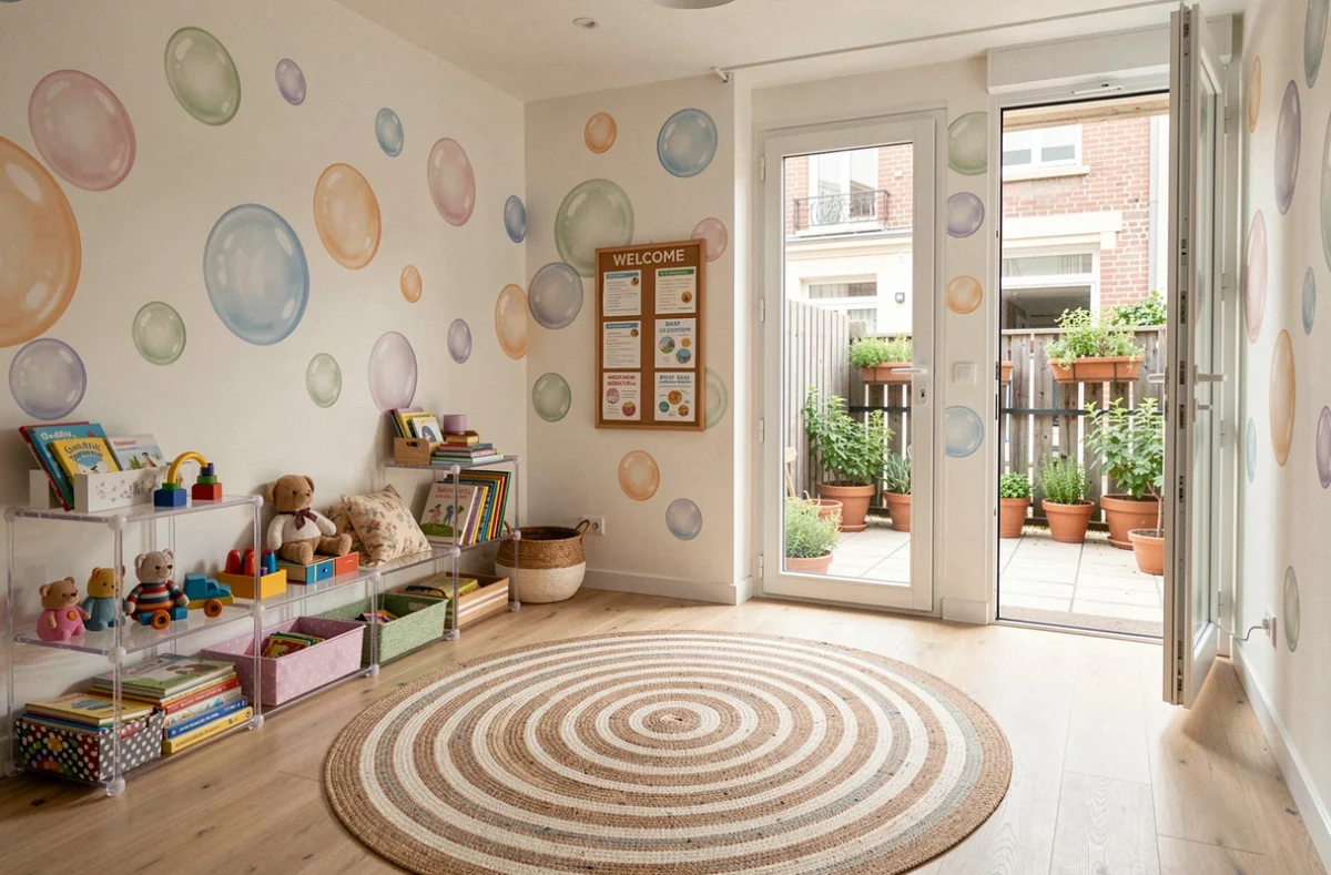Salle principale de la micro-crèche Bulles de Crèches Reims Gambetta avec des motifs de bulles colorées, des étagères en acrylique et un tableau d'accueil pour les familles