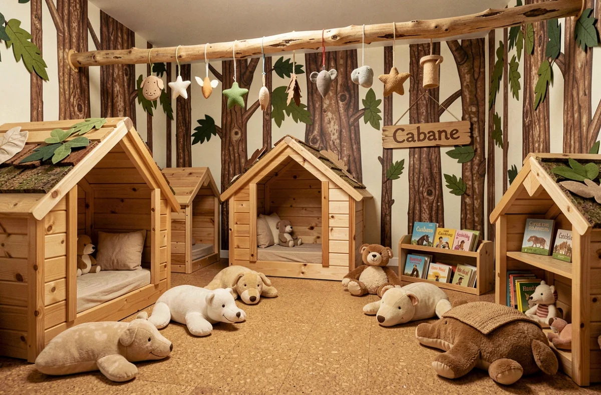 Espace de jeux de La Cabane d'Achille et Camille avec une décoration forestière, des niches de lecture en bois et des coussins en forme d'animaux