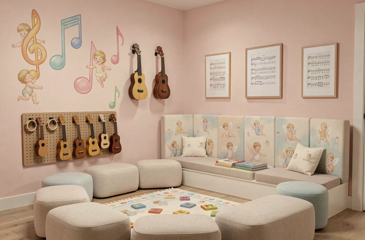 Intérieur musical de la micro-crèche La Mélodie des Chérubins avec des notes de musique peintes, des instruments pour enfants et un coin lecture acoustique