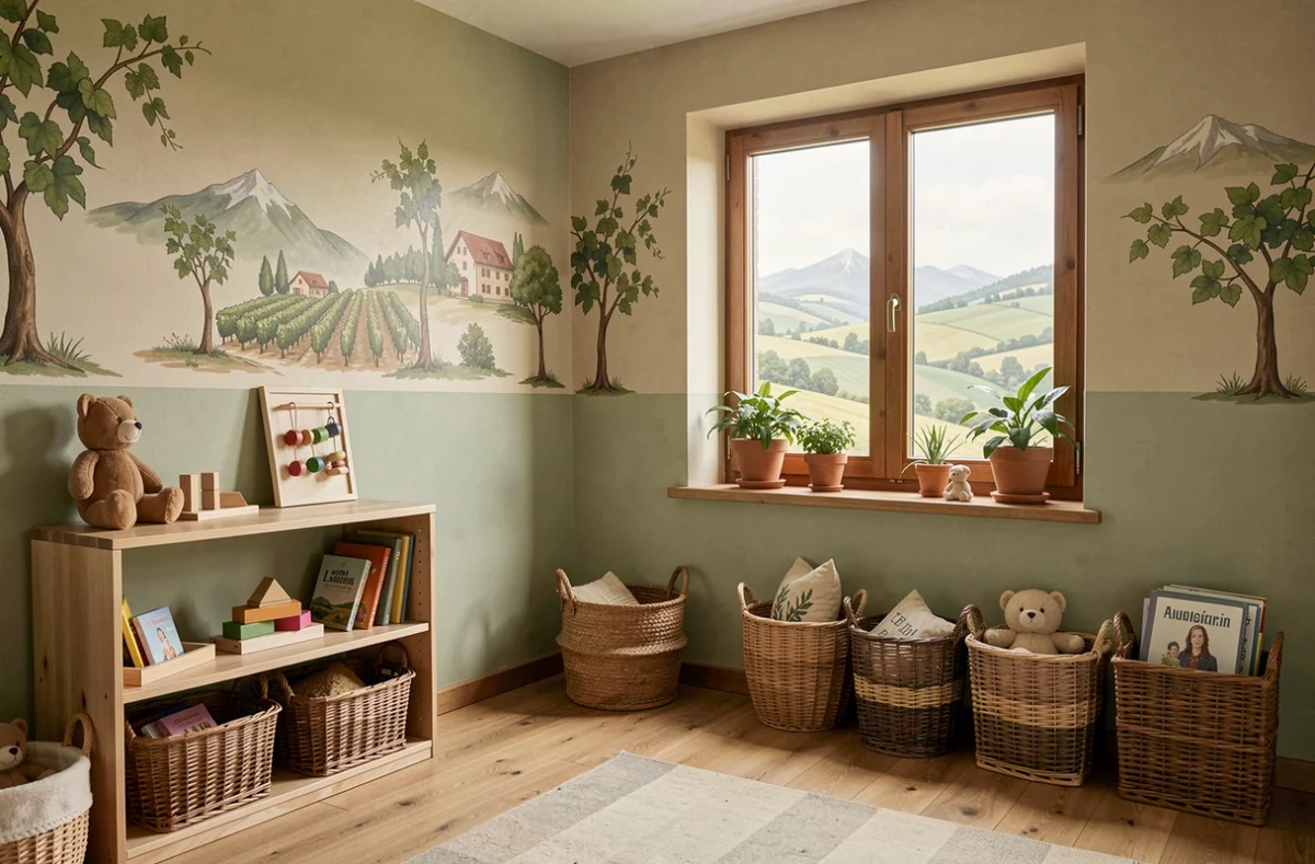 Salle de jeux de la micro-crèche Les Bubbele du Piémont avec une décoration inspirée du vignoble alsacien et des matériaux Montessori