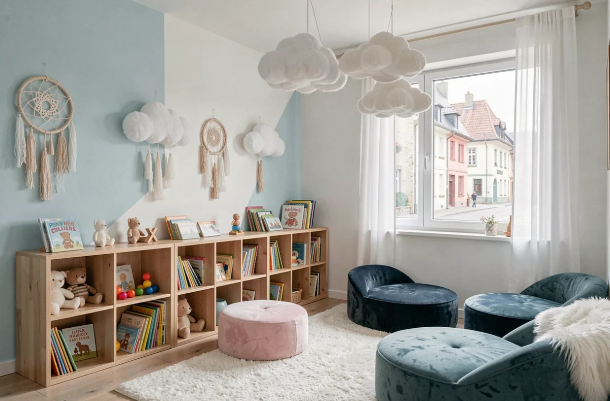 Intérieur de la micro-crèche Les Doux Rêveurs Molsheim avec des mobiles en nuages, des murs bleu pastel et des coussins en velours