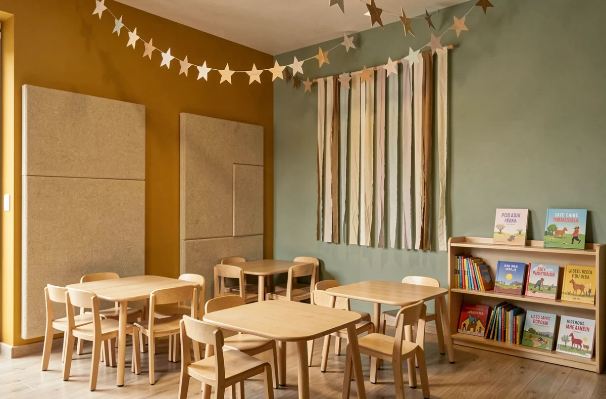 Espace d'éveil de la micro-crèche Les Doux Rêveurs Wolfisheim avec un coin sensoriel, des guirlandes en papier et des livres bilingues