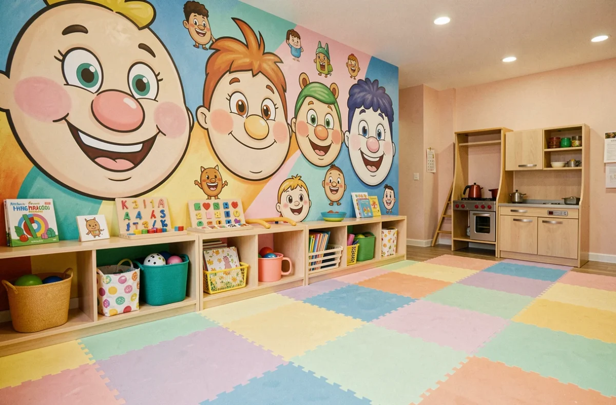 Espace de jeux coloré de la micro-crèche Les Mini-Bouilles avec une fresque de visages illustrés, des bacs sensoriels et une cuisine en bois pour enfants