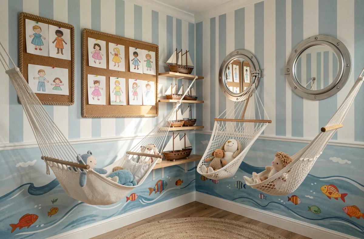 Salle thématique nautique de la micro-crèche Les Petits Bateaux des Chérubins avec des maquettes de bateaux, des miroirs hublots et une fresque océanique