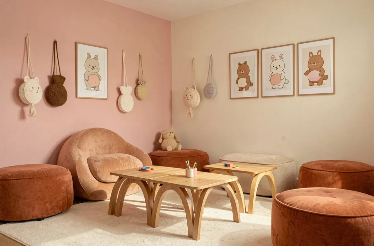 Intérieur cosy de la micro-crèche Ô P'tit Bidou avec un mobilier aux formes rondes, des poufs terracotta et des décorations en laine tricotée