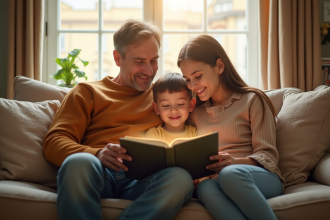 Parent et enfant lisant ensemble dans un salon chaleureux