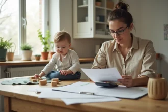 Nounou assise à une table de cuisine consultant des documents de calcul de salaire avec un enfant jouant en arrière-plan