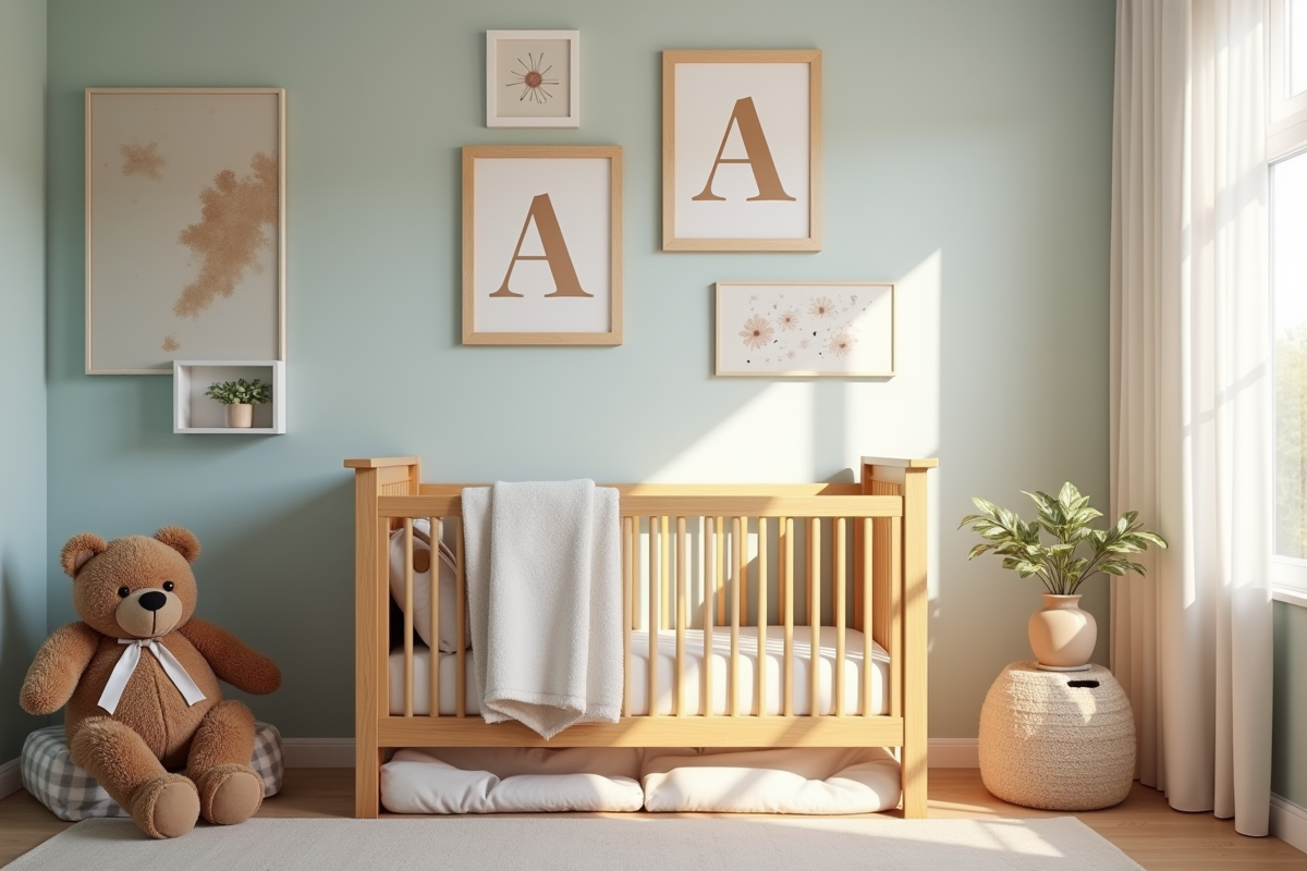 Chambre de bébé décorée avec lit en bois et affichage lettre A