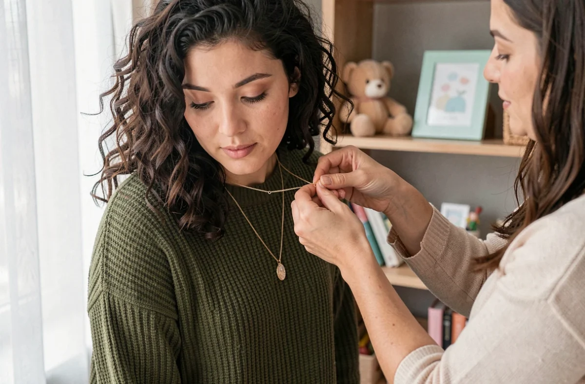 Femme recevant un pendentif en cadeau près d'une chambre de bébé, moment émouvant pour célébrer une naissance
