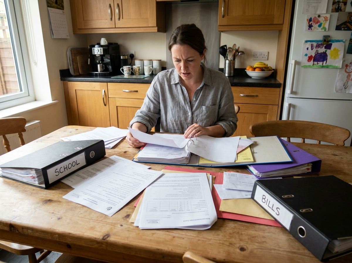 Mère de famille organisant des papiers scolaires en désordre dans des classeurs sur une table de cuisine