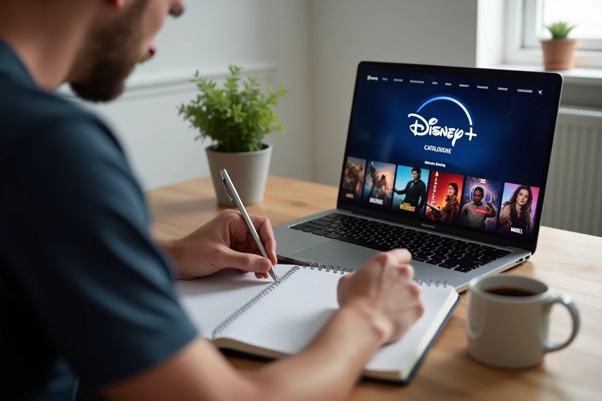 Homme organisant son programme de visionnage Disney+ avec un carnet et un ordinateur portable affichant le catalogue de films et séries
